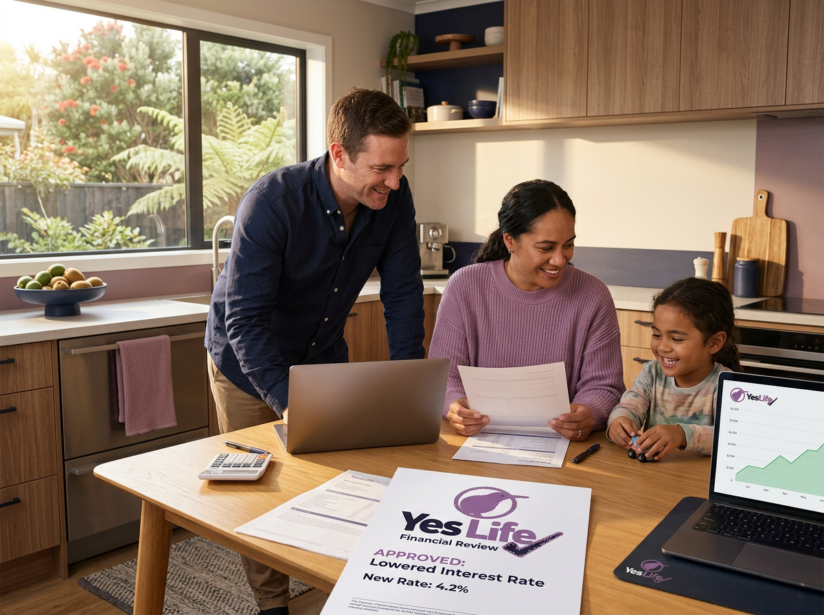 Hailuo_Image_A New Zealand family sitting a_537698485584977923 A New Zealand family sitting around a kitchen table with financial documents, calculators, and a laptop, looking relieved and positive.