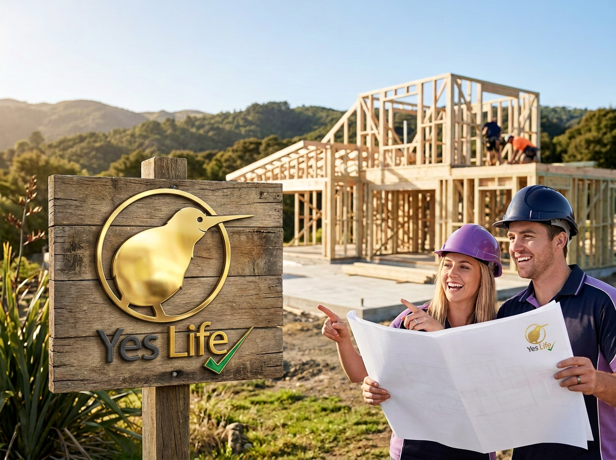 A New Zealand building site with a partially constructed modern home, timber framing going up, builders working in the background.