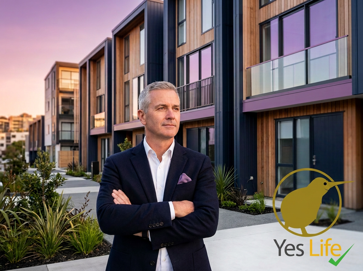 A confident New Zealand property investor in business casual attire standing in front of a row of modern rental townhouses or apartment buildings